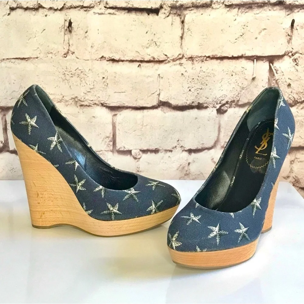 YSL YVES SAINT LAURENT Starfish Print Canvas Platform Wedge Size 9.5 US  EU 39.5